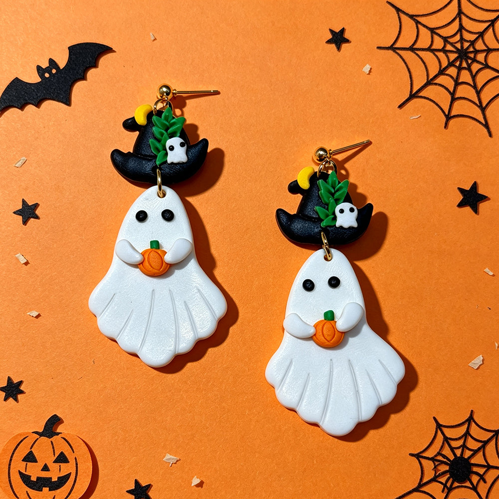 Cute Asymmetrical Ghost Earrings For Women In White Soft Clay With Golden Plated Finish