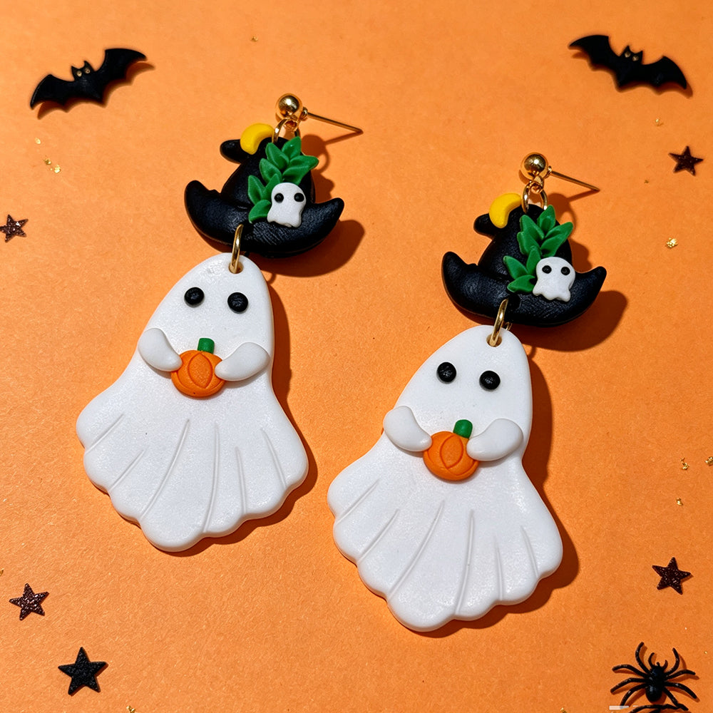 Cute Asymmetrical Ghost Earrings For Women In White Soft Clay With Golden Plated Finish