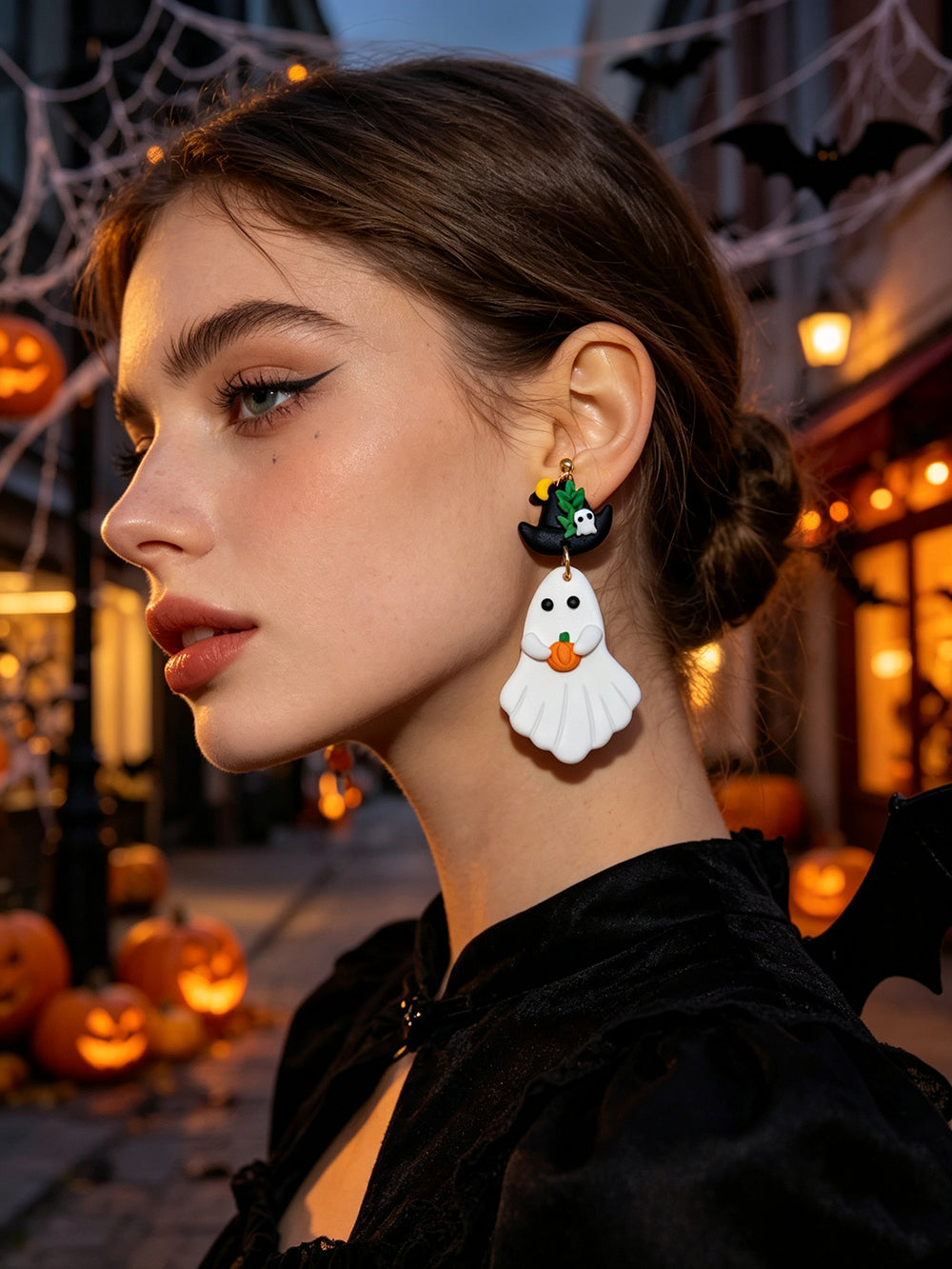 Cute Asymmetrical Ghost Earrings For Women In White Soft Clay With Golden Plated Finish