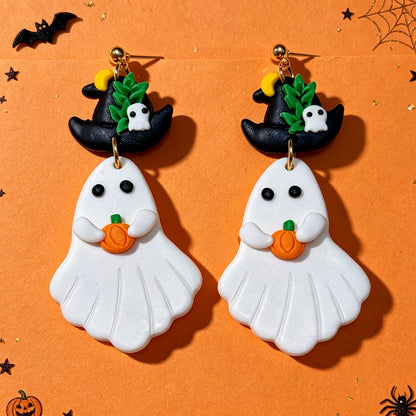 Cute Asymmetrical Ghost Earrings For Women In White Soft Clay With Golden Plated Finish