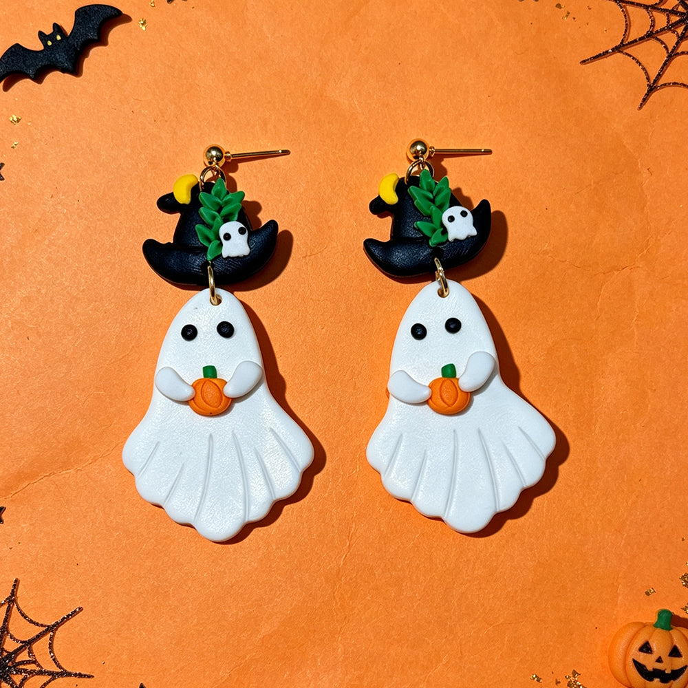 Cute Asymmetrical Ghost Earrings For Women In White Soft Clay With Golden Plated Finish