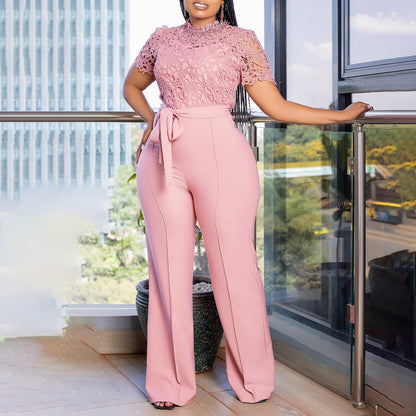 Sexy Lace Full Length Jumpsuits Featuring Polyester Fabric With Stretchy Casual Pants Style