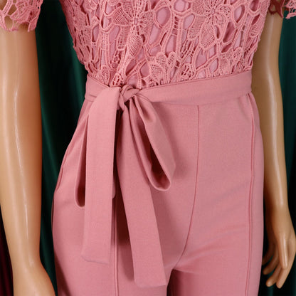 Sexy Lace Full Length Jumpsuits Featuring Polyester Fabric With Stretchy Casual Pants Style