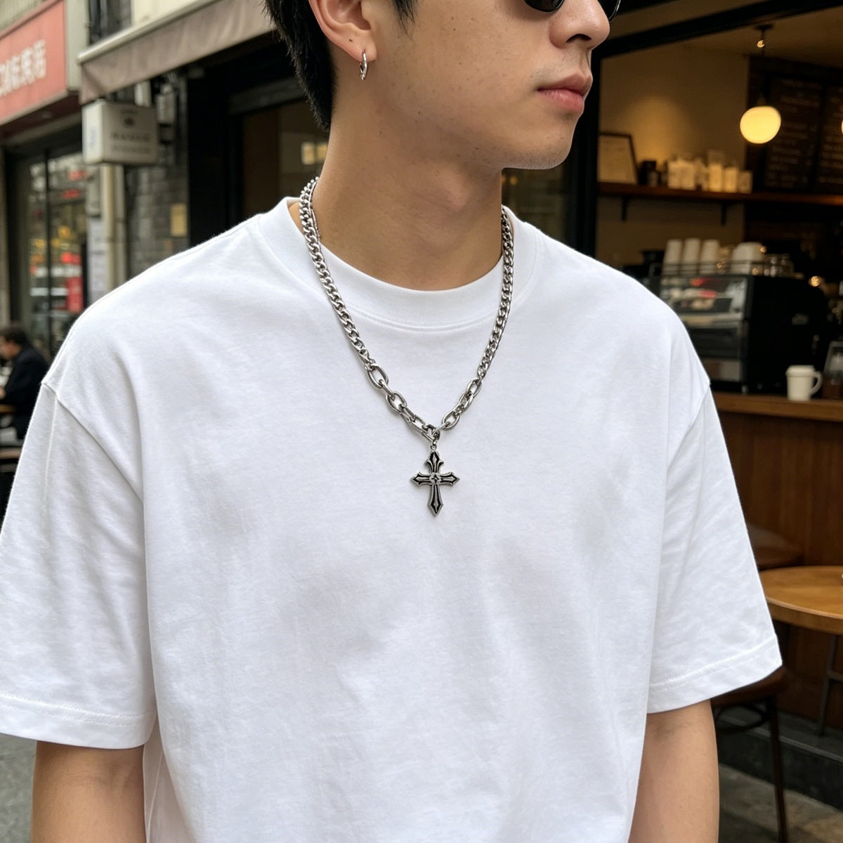 Waterproof Non Tarnish Titanium Steel Cross Necklace With Cuban Link Chain, Hip-Hop Style, Unisex