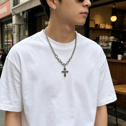 Waterproof Non Tarnish Titanium Steel Cross Necklace With Cuban Link Chain, Hip-Hop Style, Unisex