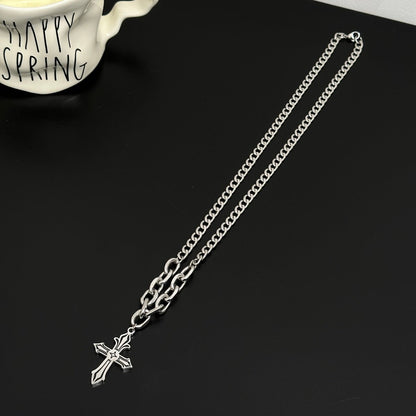 Waterproof Non Tarnish Titanium Steel Cross Necklace With Cuban Link Chain, Hip-Hop Style, Unisex