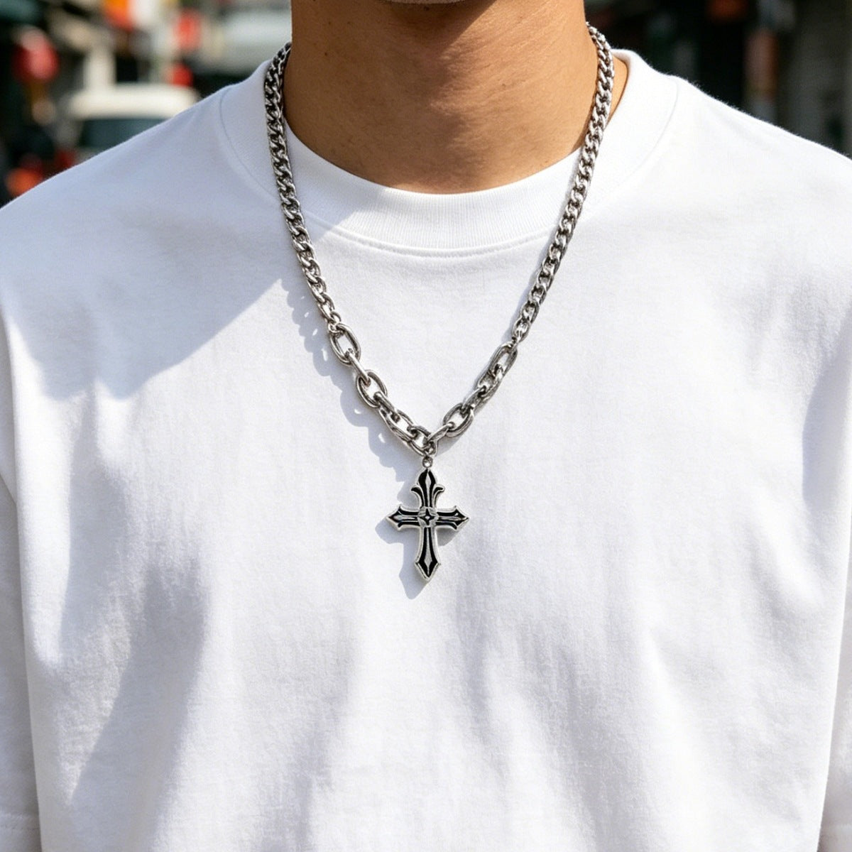 Waterproof Non Tarnish Titanium Steel Cross Necklace With Cuban Link Chain, Hip-Hop Style, Unisex
