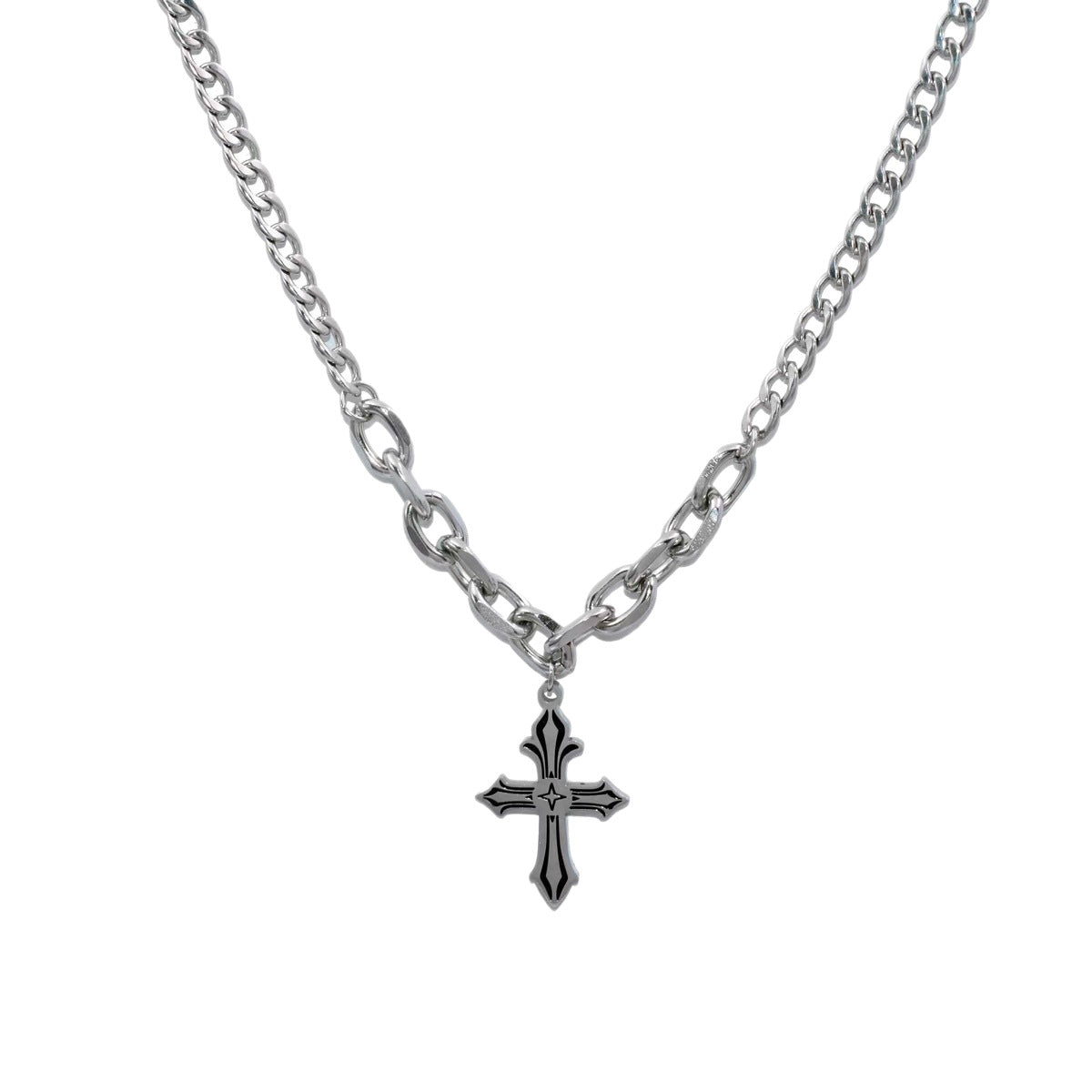 Waterproof Non Tarnish Titanium Steel Cross Necklace With Cuban Link Chain, Hip-Hop Style, Unisex
