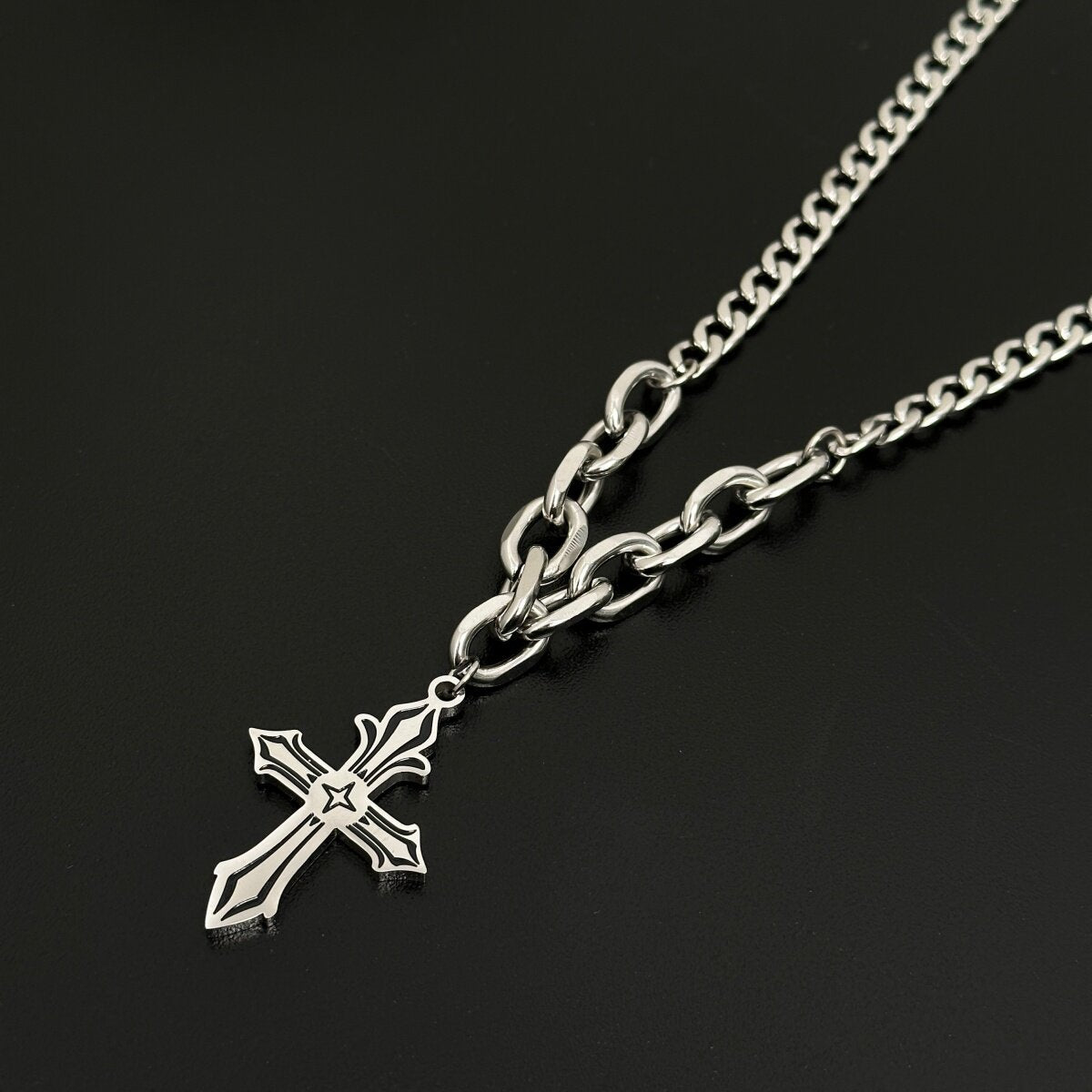 Waterproof Non Tarnish Titanium Steel Cross Necklace With Cuban Link Chain, Hip-Hop Style, Unisex