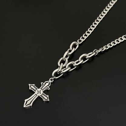 Waterproof Non Tarnish Titanium Steel Cross Necklace With Cuban Link Chain, Hip-Hop Style, Unisex