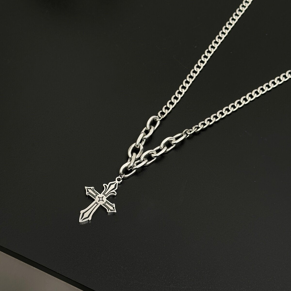 Waterproof Non Tarnish Titanium Steel Cross Necklace With Cuban Link Chain, Hip-Hop Style, Unisex