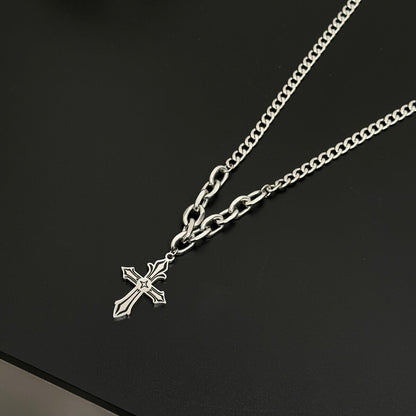 Waterproof Non Tarnish Titanium Steel Cross Necklace With Cuban Link Chain, Hip-Hop Style, Unisex