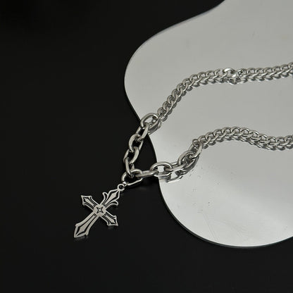 Waterproof Non Tarnish Titanium Steel Cross Necklace With Cuban Link Chain, Hip-Hop Style, Unisex