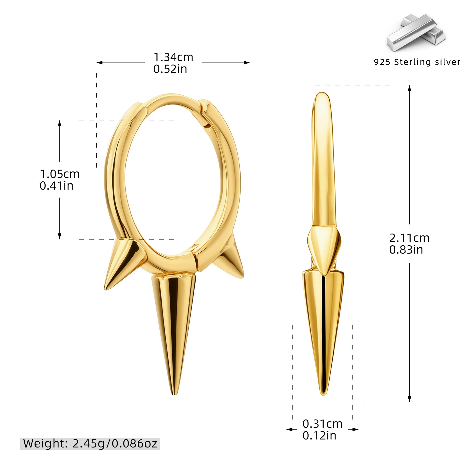 Conical 925 Sterling Silver Earrings For Women With 18K Gold Plating 0.03µm Thickness