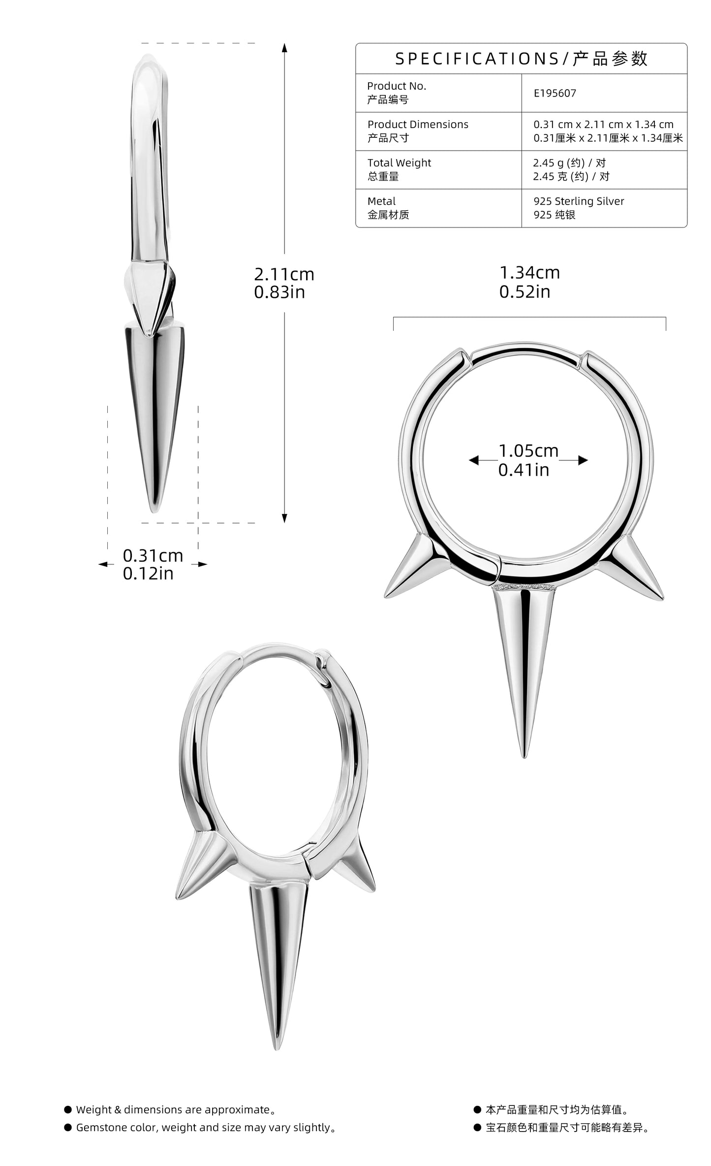 Conical 925 Sterling Silver Earrings For Women With 18K Gold Plating 0.03µm Thickness