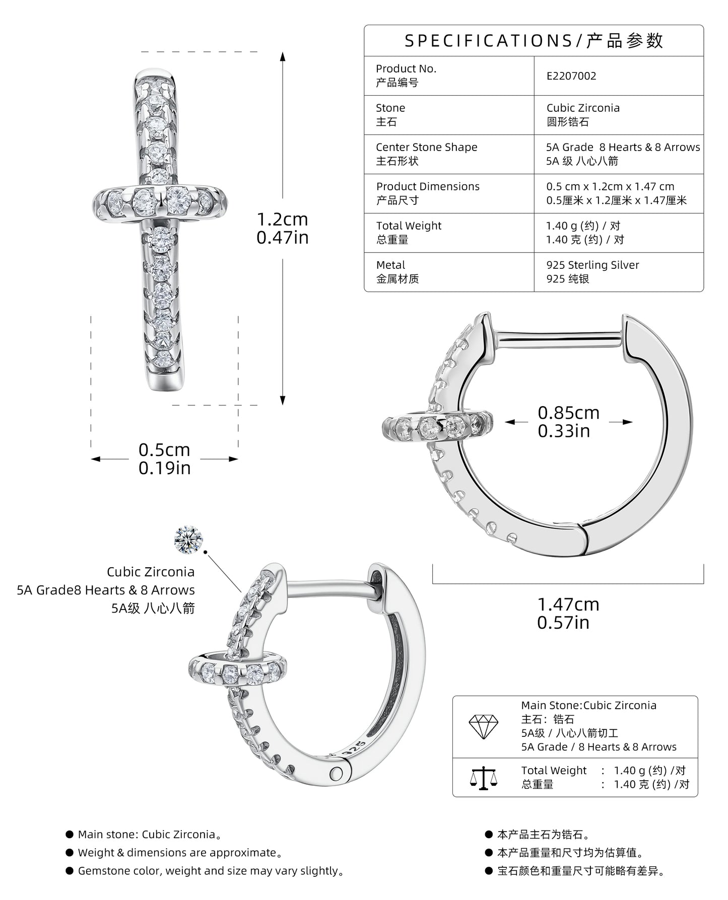 Women’s Circle Earrings In 925 Sterling Silver With 18K Real Gold Plating 0.03µm Featuring Three-Dimensional Zircon Inlay