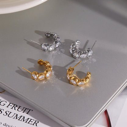 Geometric Waterproof Non Tarnish Earrings For Women, 18K Real Gold Plated 304 Stainless Steel With Zircon Inlay, PVD Coated