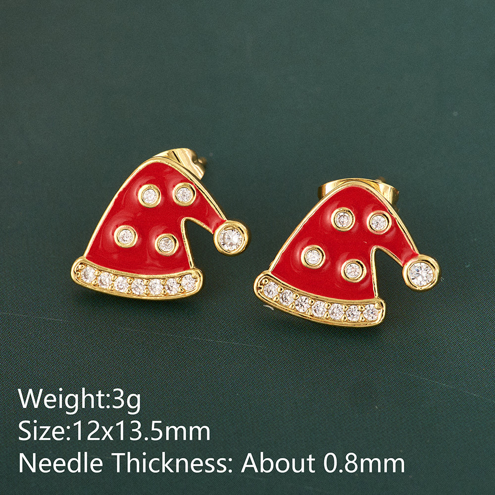 Christmas Hat Stud Earrings For Adults In Simple Style, Real Gold Plated Copper With Rhinestones, Electroplated Festive Jewelry