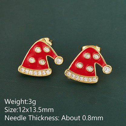 Christmas Hat Stud Earrings For Adults In Simple Style, Real Gold Plated Copper With Rhinestones, Electroplated Festive Jewelry