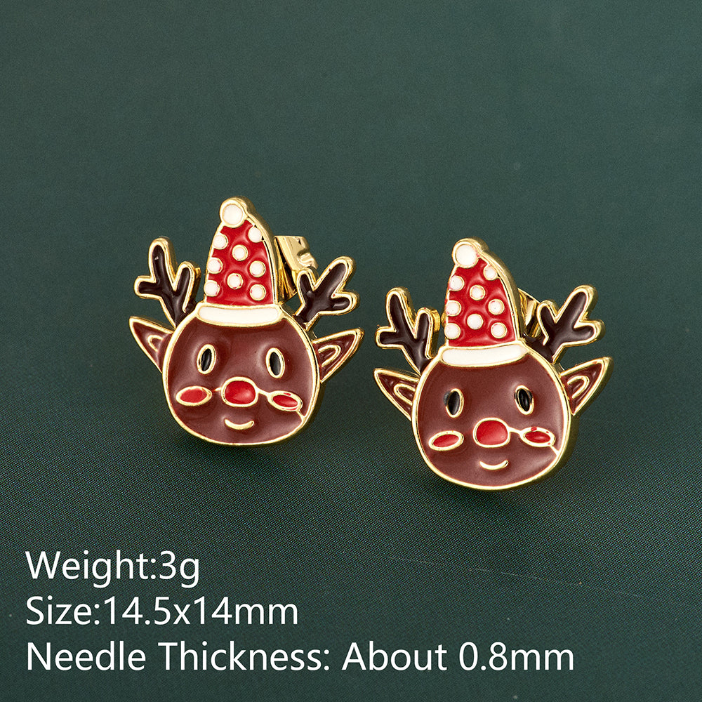 Christmas Hat Stud Earrings For Adults In Simple Style, Real Gold Plated Copper With Rhinestones, Electroplated Festive Jewelry