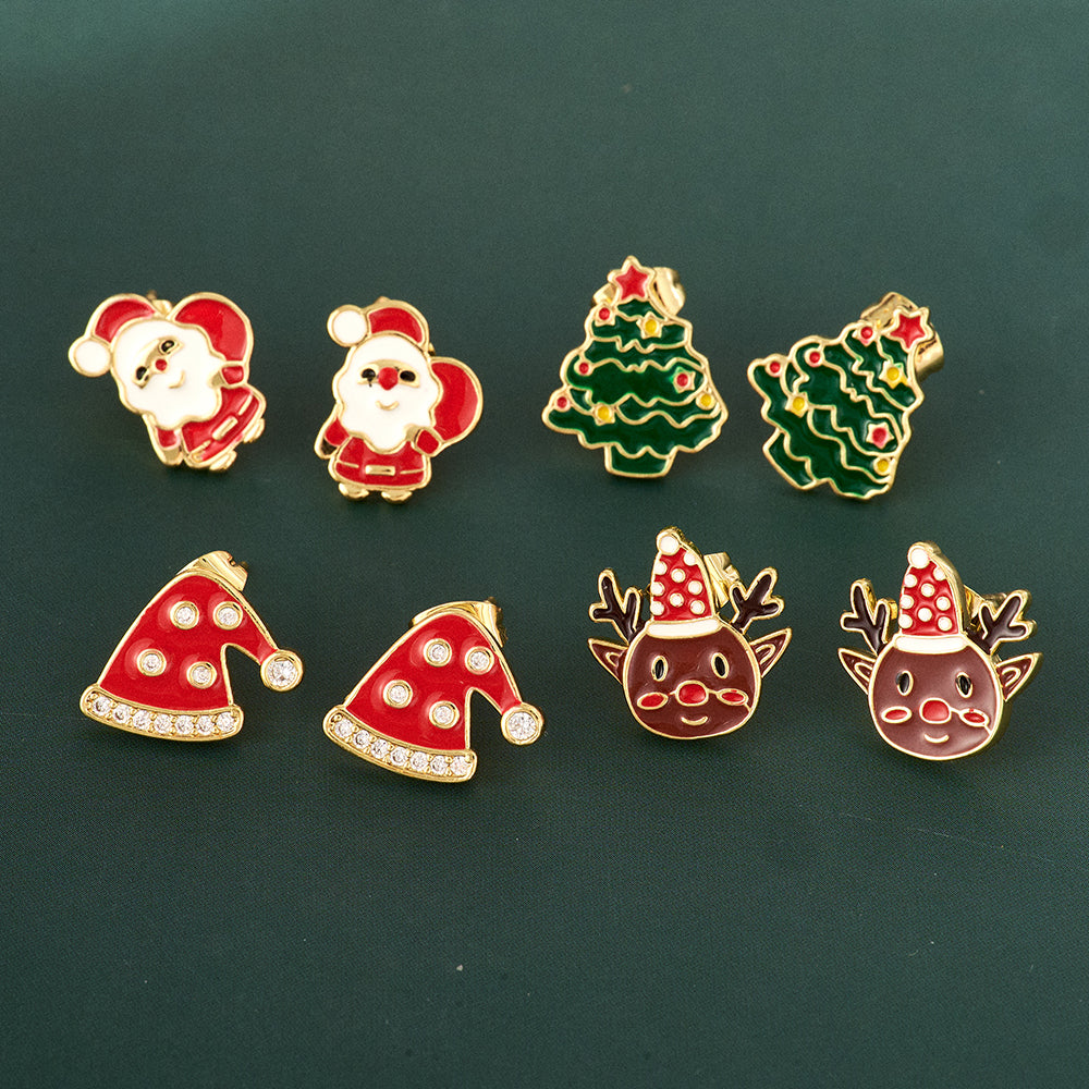 Christmas Hat Stud Earrings For Adults In Simple Style, Real Gold Plated Copper With Rhinestones, Electroplated Festive Jewelry