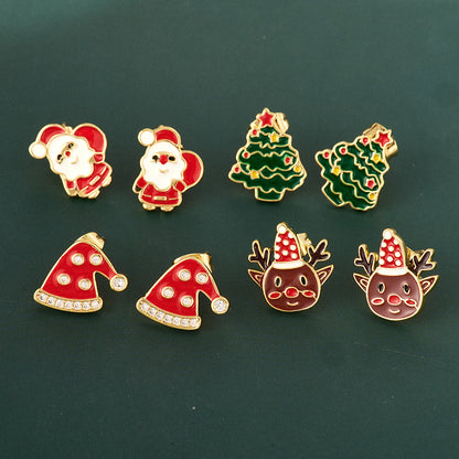 Christmas Hat Stud Earrings For Adults In Simple Style, Real Gold Plated Copper With Rhinestones, Electroplated Festive Jewelry