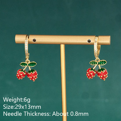 Cherry Drop Earrings Featuring Copper Ear Pins With 18K Real Gold Electroplated Water Plating And Rhinestone Inlay