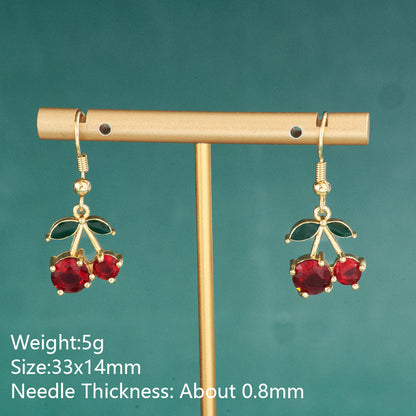 Cherry Drop Earrings Featuring Copper Ear Pins With 18K Real Gold Electroplated Water Plating And Rhinestone Inlay