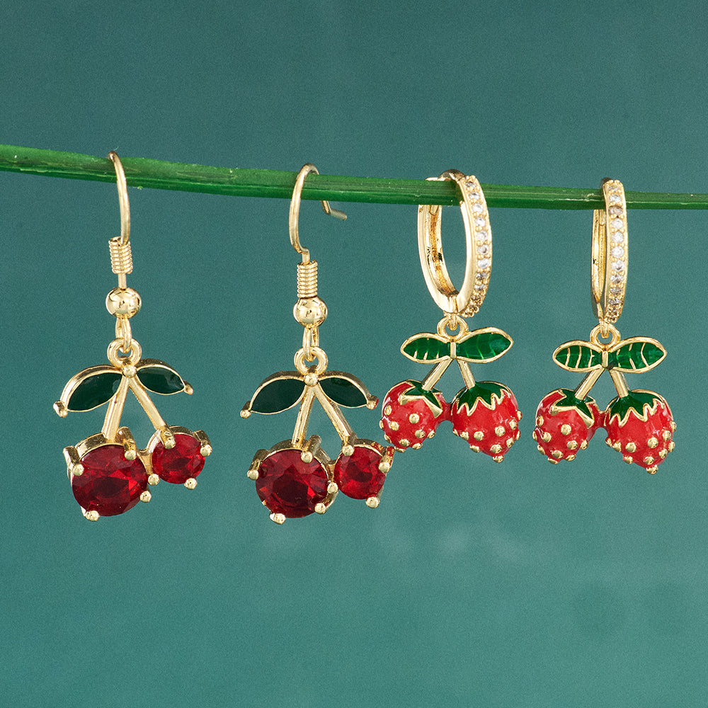 Cherry Drop Earrings Featuring Copper Ear Pins With 18K Real Gold Electroplated Water Plating And Rhinestone Inlay