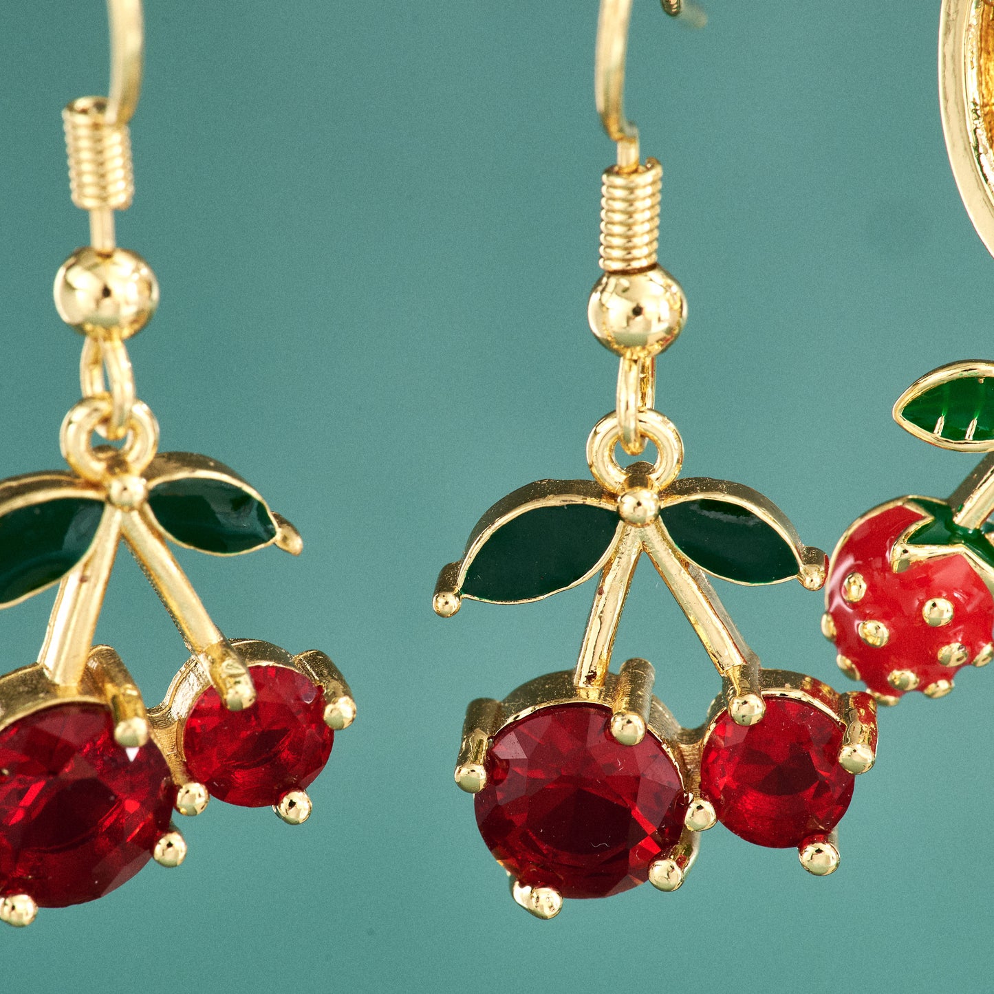 Cherry Drop Earrings Featuring Copper Ear Pins With 18K Real Gold Electroplated Water Plating And Rhinestone Inlay
