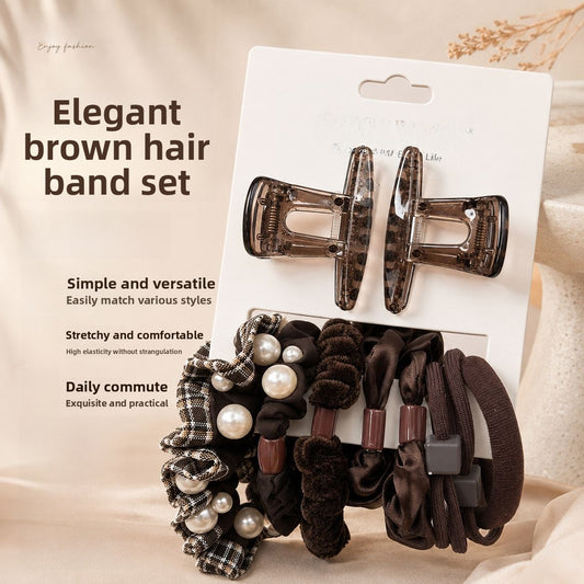 Original Design Pearl Scrunchie Hair Accessories For Women In Brown, Made Of Polyester, 10 Pieces Set