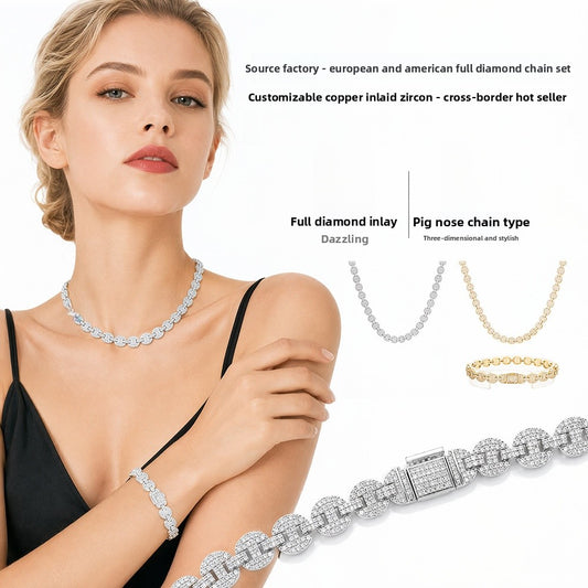 Cuban Chain Link Necklace With Paperclip Chain In Copper Featuring Zircon Inlay, Hip-Hop Style Unisex Jewelry