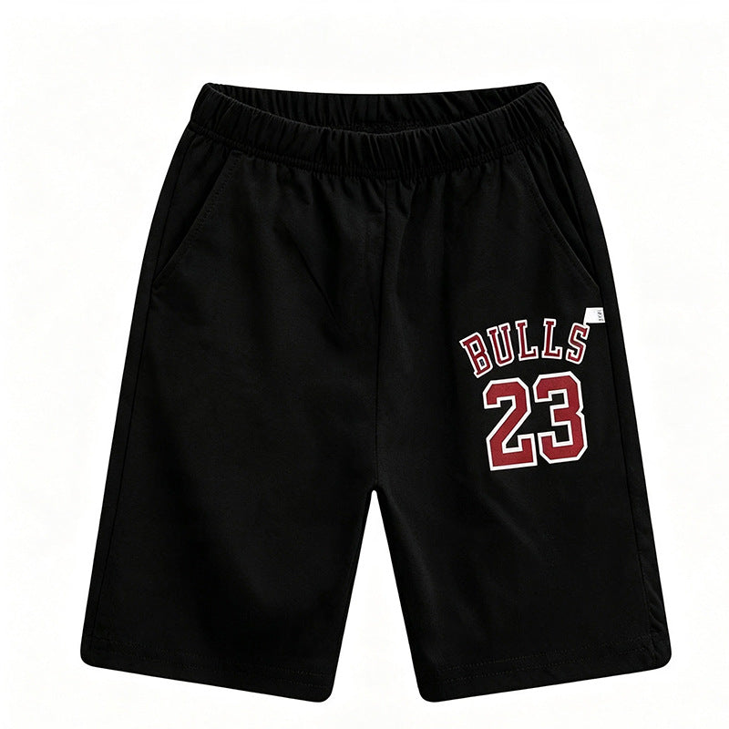 Sporty Letter Pattern Cotton Shorts For Children In Dyed Black, Perfect For Summer Wear