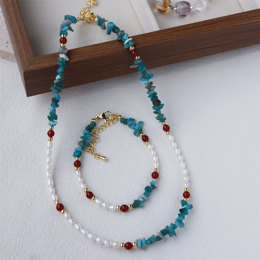 Retro Blue & Grey Freshwater Pearl Beaded Chain Necklace For Women Featuring Stone Beading
