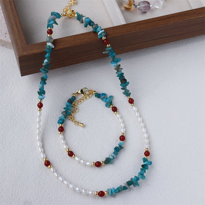 Retro Blue & Grey Freshwater Pearl Beaded Chain Necklace For Women Featuring Stone Beading