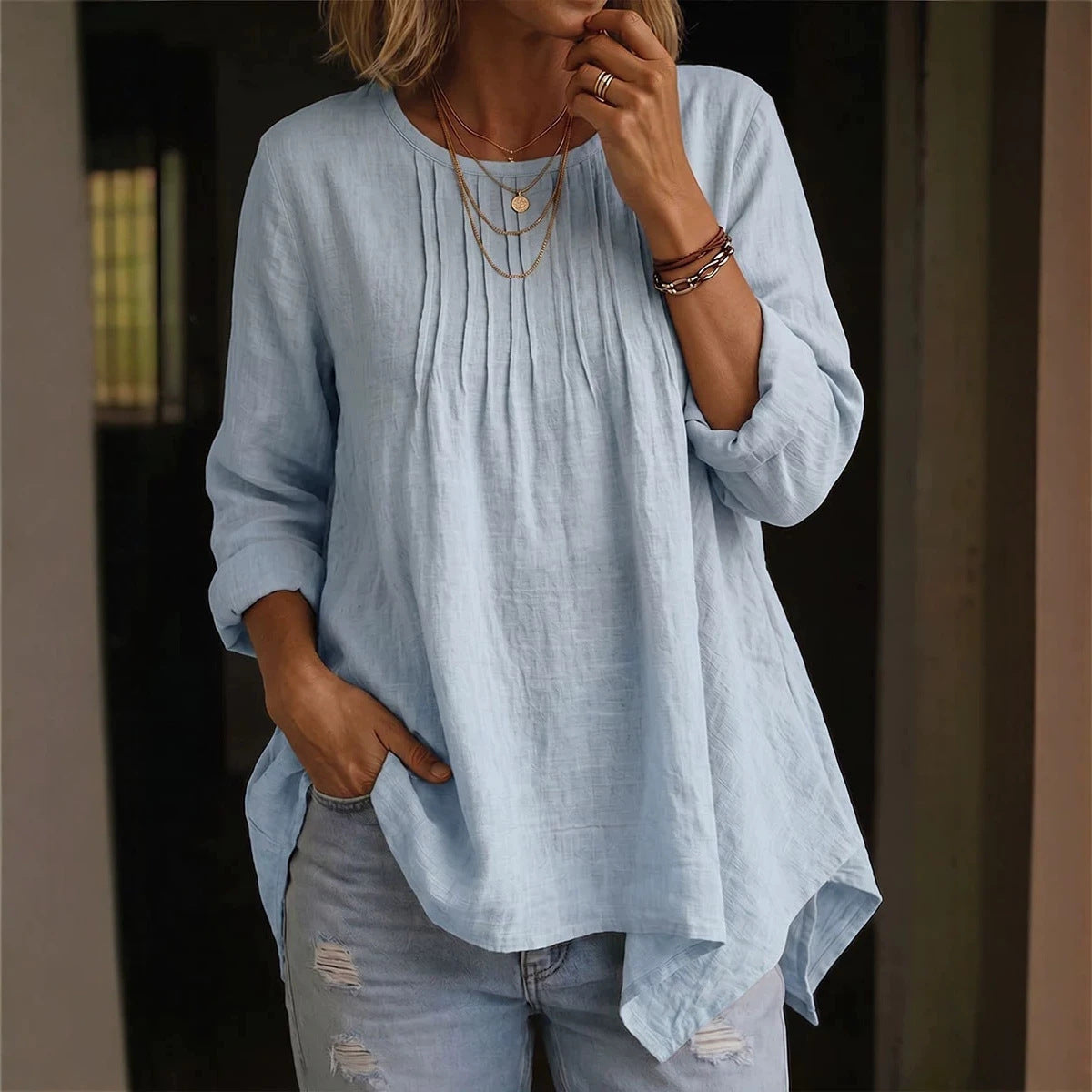 Solid Color Blouse For Women In Polyester Fabric With Casual Style Featuring Folded Details And Round Neck Pullover Design