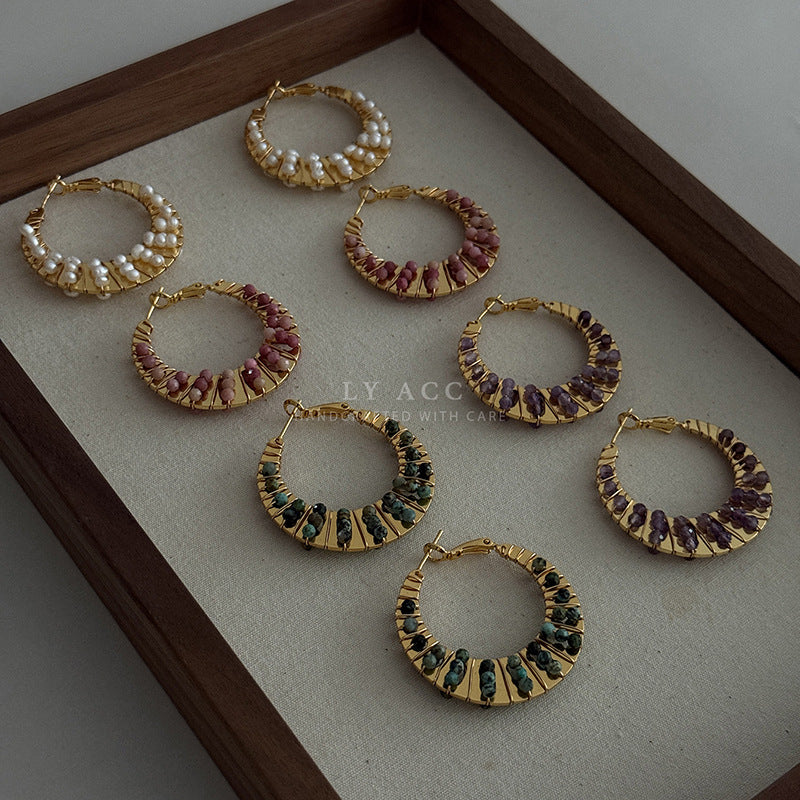 For Sector Multicolor Hoop Earrings In Copper With Turquoise Inlay, Real Gold Plated Featuring Bohemian Style