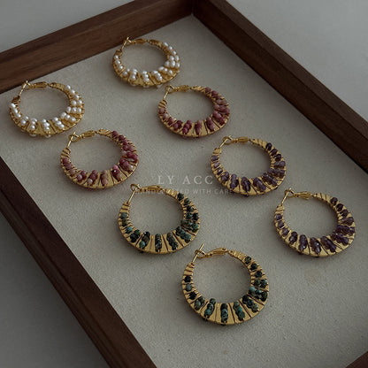 For Sector Multicolor Hoop Earrings In Copper With Turquoise Inlay, Real Gold Plated Featuring Bohemian Style