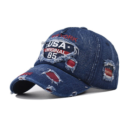 Dark Blue Cotton Baseball Cap With Wide Brim Featuring Embroidery And UV Protection For Adults