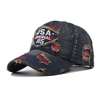 Dark Blue Cotton Baseball Cap With Wide Brim Featuring Embroidery And UV Protection For Adults