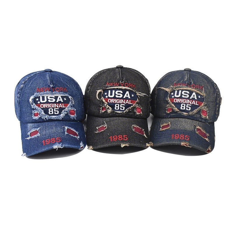 Dark Blue Cotton Baseball Cap With Wide Brim Featuring Embroidery And UV Protection For Adults