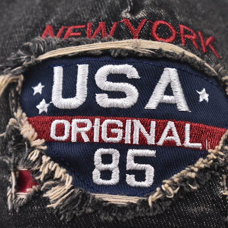 Dark Blue Cotton Baseball Cap With Wide Brim Featuring Embroidery And UV Protection For Adults