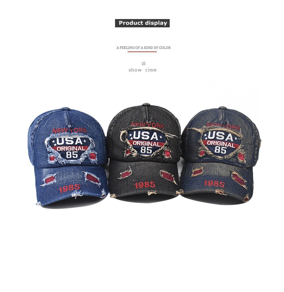 Dark Blue Cotton Baseball Cap With Wide Brim Featuring Embroidery And UV Protection For Adults