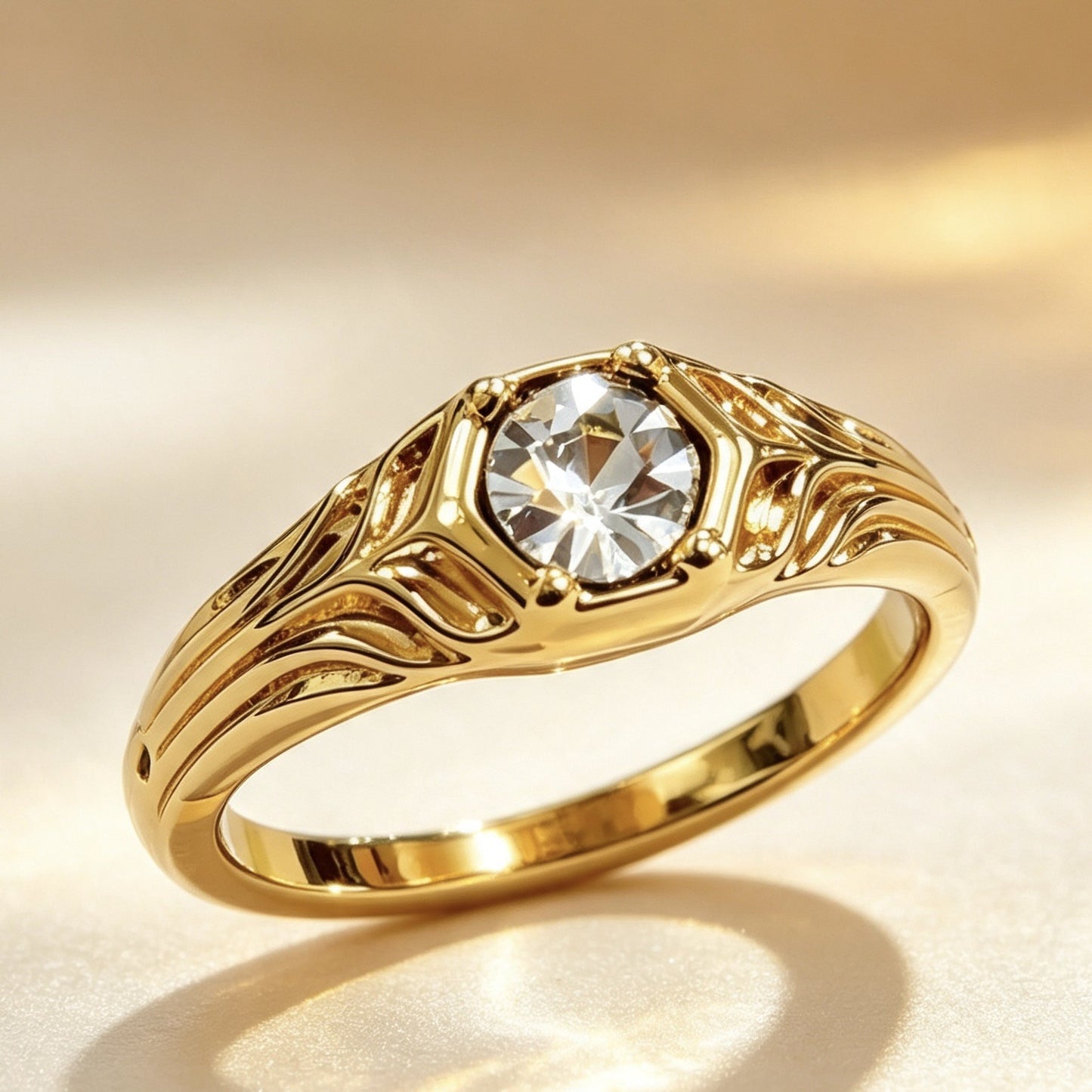 Gold Flowers Ring For Women, 18K Real Gold Plated Alloy With Rhinestones, 1 Piece