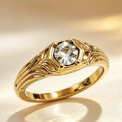Gold Flowers Ring For Women, 18K Real Gold Plated Alloy With Rhinestones, 1 Piece