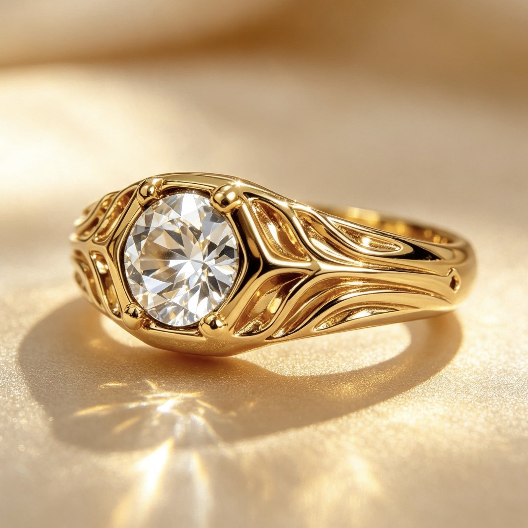 Gold Flowers Ring For Women, 18K Real Gold Plated Alloy With Rhinestones, 1 Piece