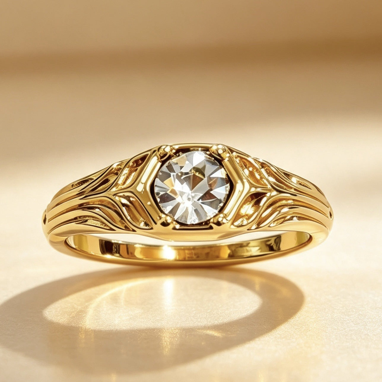 Gold Flowers Ring For Women, 18K Real Gold Plated Alloy With Rhinestones, 1 Piece