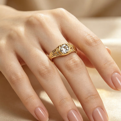 Gold Flowers Ring For Women, 18K Real Gold Plated Alloy With Rhinestones, 1 Piece