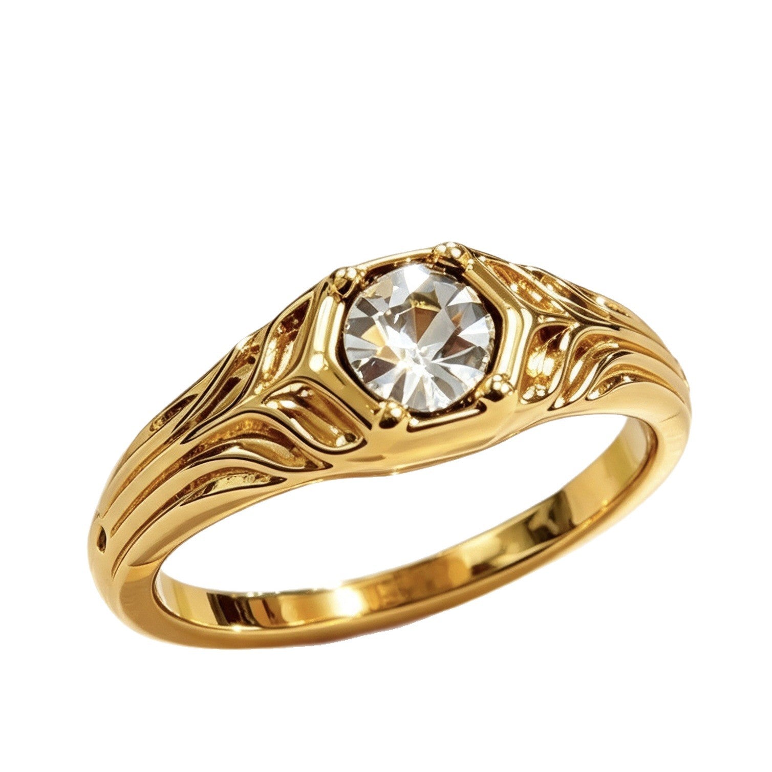Gold Flowers Ring For Women, 18K Real Gold Plated Alloy With Rhinestones, 1 Piece
