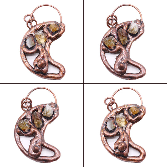 Moon Pendant Featuring Natural Stone With Citrine Inlay And Bronze Plating, Electroplated Brown Jewelry